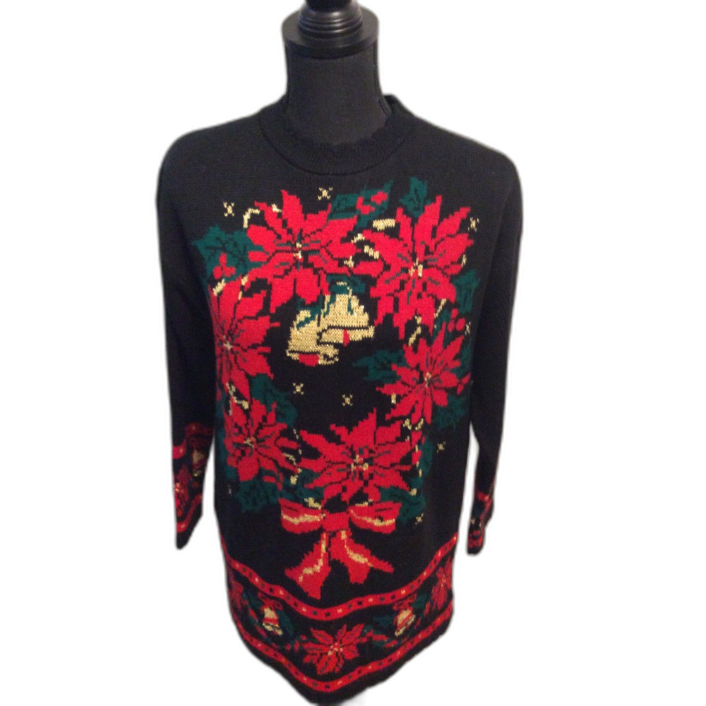 Vintage Nutcracker Wreath Bells Poinsettia Ugly Christmas Sweater 90s Medium
